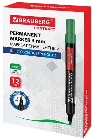 Маркер перманентный (нестираемый) BRAUBERG "Contract", ЗЕЛЕНЫЙ, круглый наконечник, 3 мм, без клипа, 150468