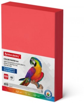 Бумага цветная BRAUBERG, А4, 80 г/м2, 500 л., интенсив, ЯРКО-КРАСНАЯ, для офисной техники, 116563