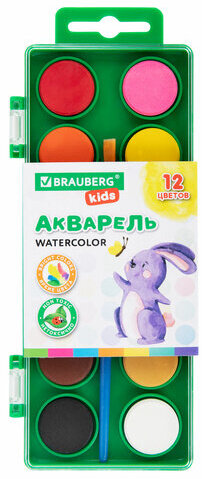 Краски акварельные BRAUBERG KIDS, 12 ярких цветов, круглые кюветы, пластиковый пенал, 191806