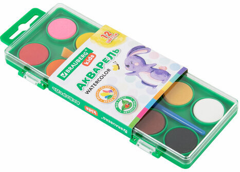 Краски акварельные BRAUBERG KIDS, 12 ярких цветов, круглые кюветы, пластиковый пенал, 191806