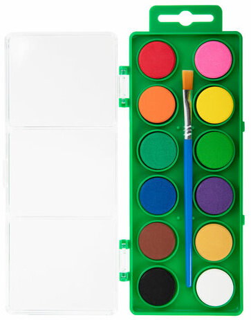 Краски акварельные BRAUBERG KIDS, 12 ярких цветов, круглые кюветы, пластиковый пенал, 191806