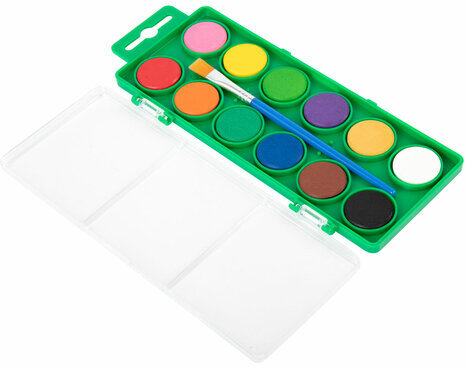 Краски акварельные BRAUBERG KIDS, 12 ярких цветов, круглые кюветы, пластиковый пенал, 191806