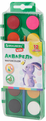 Краски акварельные BRAUBERG KIDS, 12 ярких цветов, круглые кюветы, пластиковый пенал, 191806