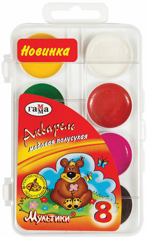 Краски акварельные ГАММА "Мультики NEW", 8 цветов, медовые, пластиковая коробка, европодвес, 211046_8