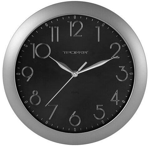Часы настенные TROYKA 11170182, круг, черные, серебристая рамка, 29х29х3,5 см