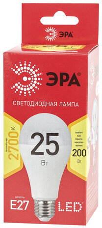 Лампа светодиодная ЭРА, 25(200)Вт, цоколь Е27, груша, теплый белый, 25000 ч, LED A65-25W-2700-E27, Б0048009