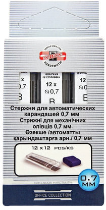 Грифели запасные 0,7 мм, B, KOH-I-NOOR, КОМПЛЕКТ 12 шт., 416200B007PKRU
