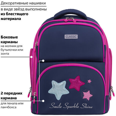 Рюкзак BRAUBERG CLASSIC, легкий каркас, премиум материал, "Stars", синий, 37х32х21 см, 271394