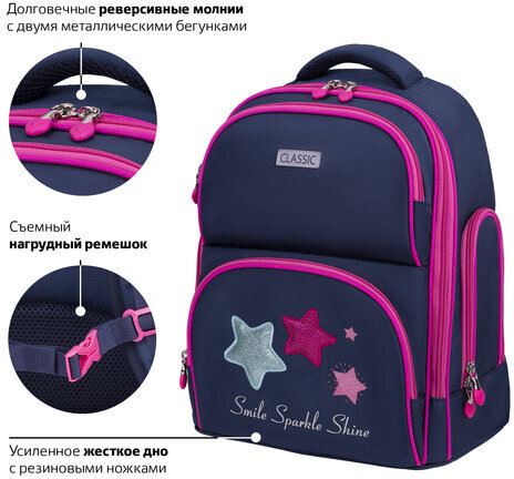 Рюкзак BRAUBERG CLASSIC, легкий каркас, премиум материал, "Stars", синий, 37х32х21 см, 271394