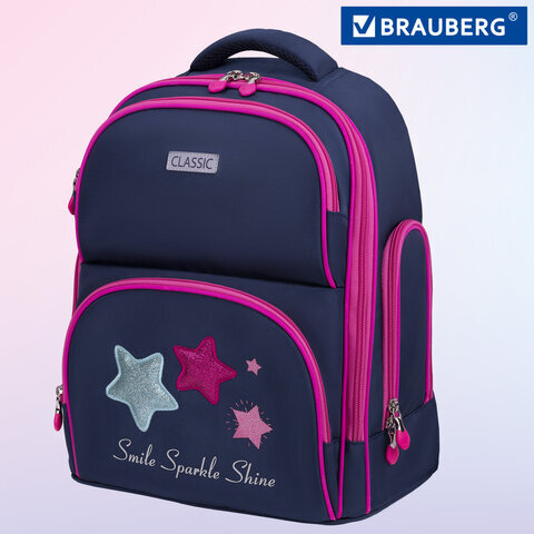 Рюкзак BRAUBERG CLASSIC, легкий каркас, премиум материал, "Stars", синий, 37х32х21 см, 271394