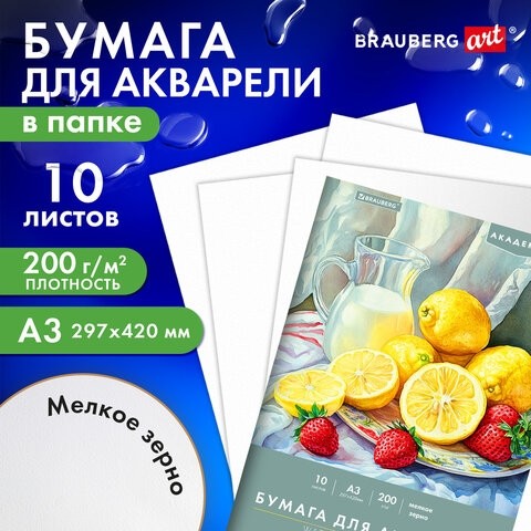 Папка для акварели БОЛЬШАЯ А3, 10л., 200 г/м2, 297х420мм, BRAUBERG АКАДЕМИЯ, "Летний натюрморт", 117741