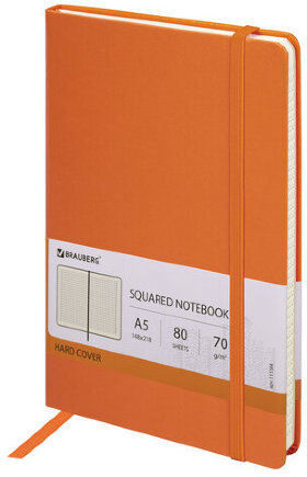 Блокнот А5 (148x218 мм), BRAUBERG &quot;Metropolis&quot;, балакрон, 80 л., резинка, клетка, оранжевый, 111584