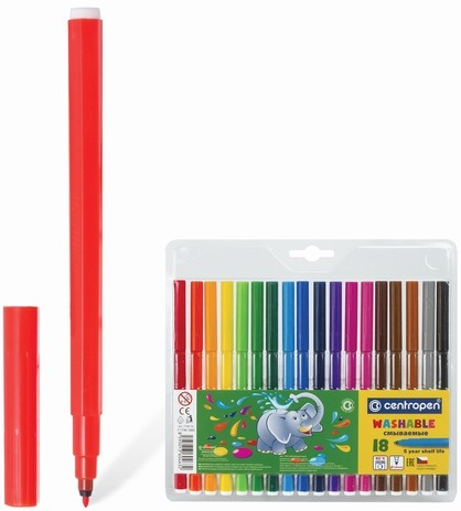 Фломастеры 18 ЦВЕТОВ CENTROPEN "Washable", смываемые, вентилируемый колпачок, 7790/18TP, 777901885