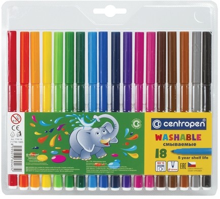 Фломастеры 18 ЦВЕТОВ CENTROPEN "Washable", смываемые, вентилируемый колпачок, 7790/18TP, 777901885