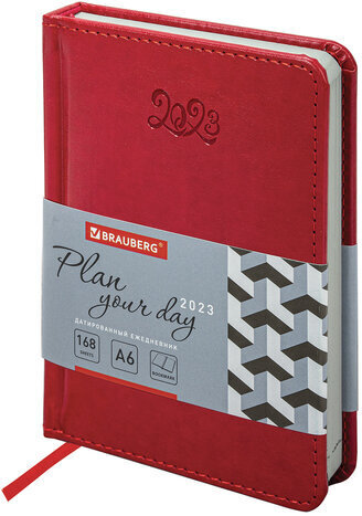 Ежедневник датированный 2023 МАЛЫЙ ФОРМАТ 100х150 мм А6, BRAUBERG "Rainbow", под кожу, красный, 113924