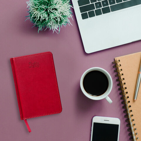 Ежедневник датированный 2023 МАЛЫЙ ФОРМАТ 100х150 мм А6, BRAUBERG "Rainbow", под кожу, красный, 113924