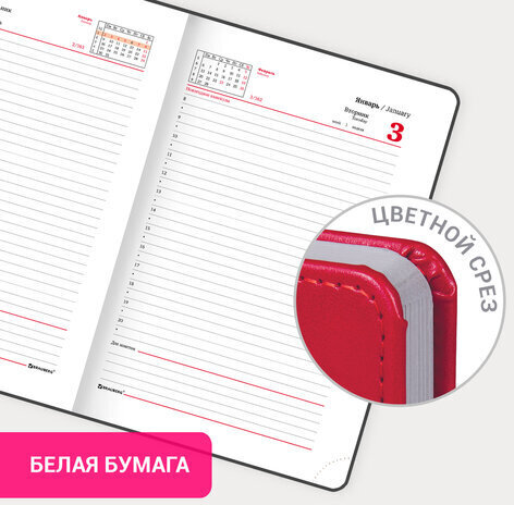 Ежедневник датированный 2023 МАЛЫЙ ФОРМАТ 100х150 мм А6, BRAUBERG "Rainbow", под кожу, красный, 113924