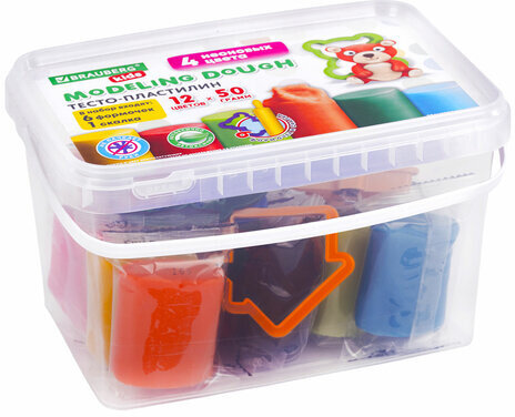 Пластилин-тесто для лепки BRAUBERG KIDS, 12 цветов., 600 г, 6 формочек, 1 скалка, ведерко, 106721