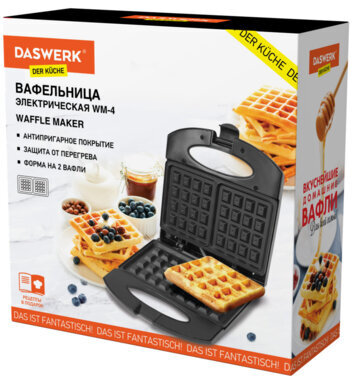Электровафельница антипригарная для венских и бельгийских вафель, 2 вафли, 750 Вт, DASWERK, WM-4, 455651