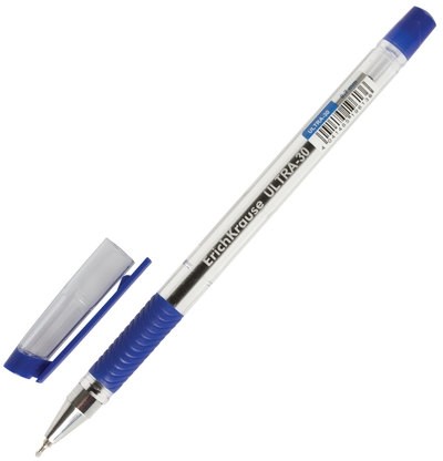 Ручка шариковая масляная с грипом ERICH KRAUSE "Ultra-30", СИНЯЯ, корпус прозрачный, узел 0,7 мм, линия письма 0,26 мм, 19613