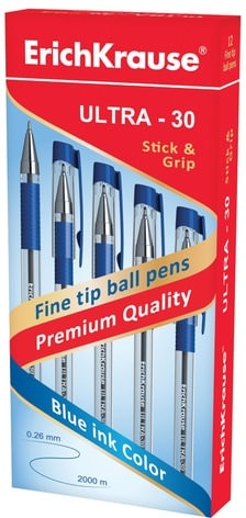 Ручка шариковая масляная с грипом ERICH KRAUSE "Ultra-30", СИНЯЯ, корпус прозрачный, узел 0,7 мм, линия письма 0,26 мм, 19613