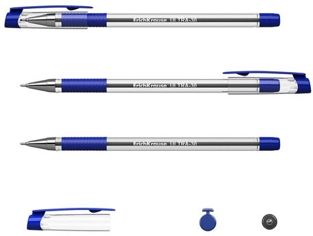 Ручка шариковая масляная с грипом ERICH KRAUSE "Ultra-30", СИНЯЯ, корпус прозрачный, узел 0,7 мм, линия письма 0,26 мм, 19613