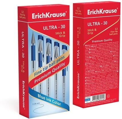 Ручка шариковая масляная с грипом ERICH KRAUSE "Ultra-30", СИНЯЯ, корпус прозрачный, узел 0,7 мм, линия письма 0,26 мм, 19613