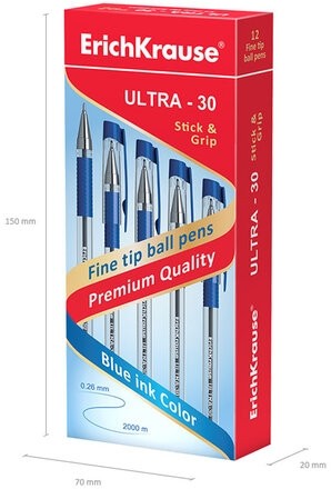Ручка шариковая масляная с грипом ERICH KRAUSE "Ultra-30", СИНЯЯ, корпус прозрачный, узел 0,7 мм, линия письма 0,26 мм, 19613