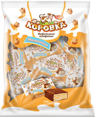 Конфеты шоколадные РОТ ФРОНТ "Коровка", вафельные с молочной начинкой, 250 г, пакет, РФ09755