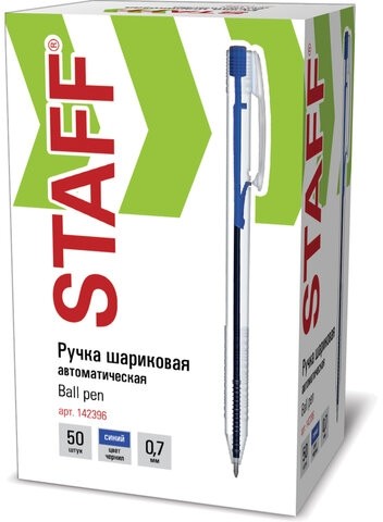 Ручка шариковая автоматическая STAFF "Basic" BPR-245, СИНЯЯ, корпус прозрачный, 0,7 мм, линия письма 0,35 мм, 142396