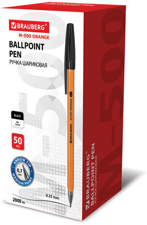 Ручка шариковая BRAUBERG "M-500 ORANGE", ЧЕРНАЯ, корпус оранжевый, узел 0,7 мм, линия письма 0,35 мм, 143449
