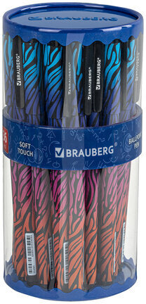 Ручка шариковая BRAUBERG SOFT TOUCH GRIP "NEON ZEBRA", СИНЯЯ, мягкое покрытие, узел 0,7 мм, 143721
