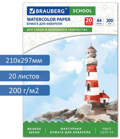 Папка для акварели А4, 20 л., 200 г/м2, индивидуальная упаковка, BRAUBERG SCHOOL, 114301