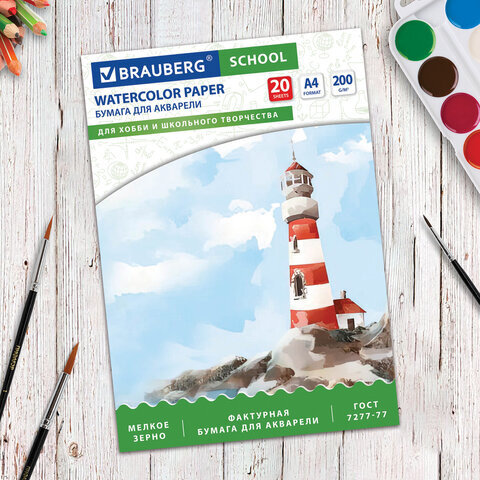 Папка для акварели А4, 20 л., 200 г/м2, индивидуальная упаковка, BRAUBERG SCHOOL, 114301