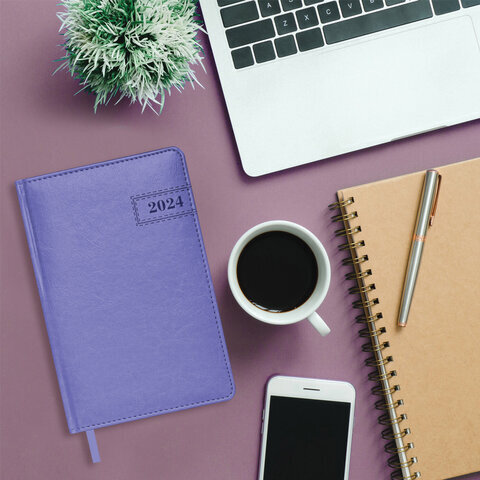 Ежедневник датированный 2024 А5 138x213 мм, BRAUBERG "Imperial", под кожу, фиолетовый, 114858