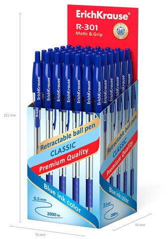 Ручка шариковая автоматическая с грипом ERICH KRAUSE "R-301 Classic", СИНЯЯ, 1,0 мм, линия письма 0,5 мм, 46758