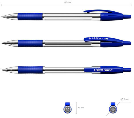 Ручка шариковая автоматическая с грипом ERICH KRAUSE "R-301 Classic", СИНЯЯ, 1,0 мм, линия письма 0,5 мм, 46758
