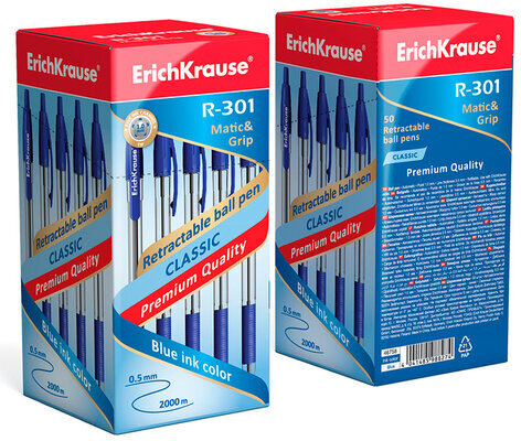 Ручка шариковая автоматическая с грипом ERICH KRAUSE "R-301 Classic", СИНЯЯ, 1,0 мм, линия письма 0,5 мм, 46758