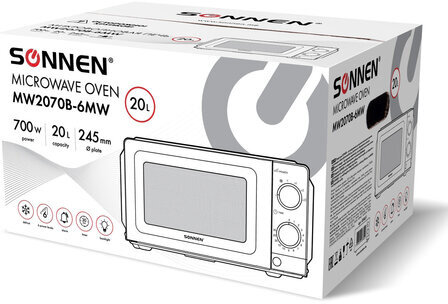 Микроволновая печь SONNEN MW2070B-6MW, 20 л, 700 Вт, таймер, механическое управление, белая, 454651