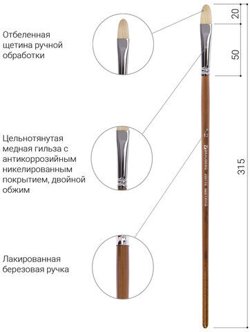 Кисть художественная профессиональная BRAUBERG ART CLASSIC, щетина, овальная, № 12, длинная ручка, 200732