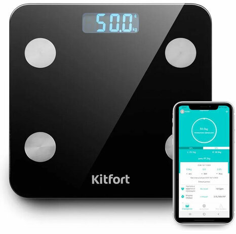Весы напольные диагностические KITFORT КТ-805, электронные, вес до 180 кг, квадрат, стекло, черные