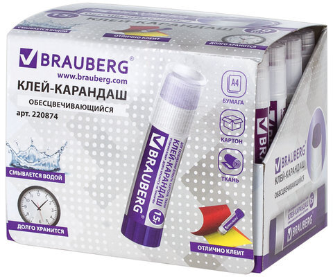 Клей-карандаш BRAUBERG, 15 г, обесцвечивающийся после высыхания, 220874