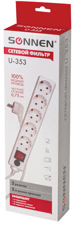 Сетевой фильтр SONNEN U-353, 5 розеток, с заземлением, выключатель, 10 А, 3 м, белый, 511425