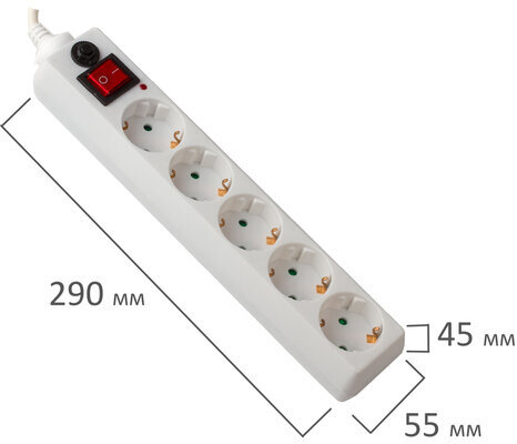 Сетевой фильтр SONNEN U-353, 5 розеток, с заземлением, выключатель, 10 А, 3 м, белый, 511425