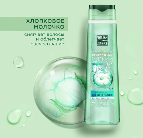 Шампунь-бальзам 2 в 1, 400 мл, ЧИСТАЯ ЛИНИЯ "Хлопковое молочко", мицеллярный