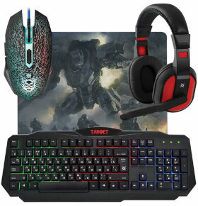 Набор проводной игровой DEFENDER Target MKP-350, USB, клавиатура, мышь 5 кнопок+1 колесо-кнопка, гарнитура, коврик, 52350