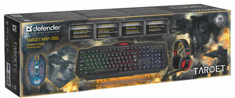 Набор проводной игровой DEFENDER Target MKP-350, USB, клавиатура, мышь 5 кнопок+1 колесо-кнопка, гарнитура, коврик, 52350