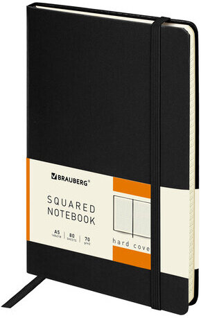 Блокнот А5 (148x218 мм), BRAUBERG "Metropolis", балакрон, 80 л., резинка, клетка, черный, 111585