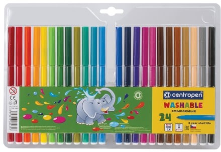 Фломастеры 24 ЦВЕТА CENTROPEN "Washable", смываемые, вентилируемый колпачок, 7790/24TP, 777902485