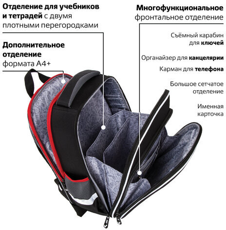 Ранец BRAUBERG QUADRO, 3 отделения, с брелком, "Ninja", 37х28х18 см, 229954